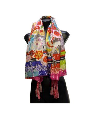 Johnny Was Fuji Scarf Multicolor Floral Print With Tassel Details